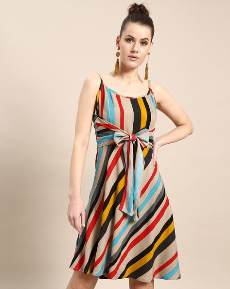 Stripes Shoulder Straps A-line Dress