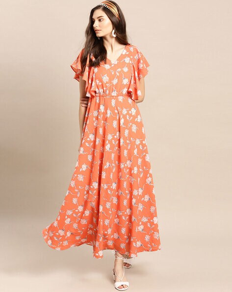 Floral Print V-Neck Gown Dress