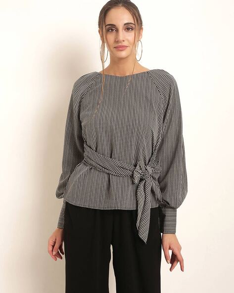 Checked Tie-Up Top with Raglan Sleeves