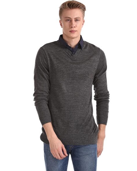 Grey Shirt Collar Long Sleeve Sweater