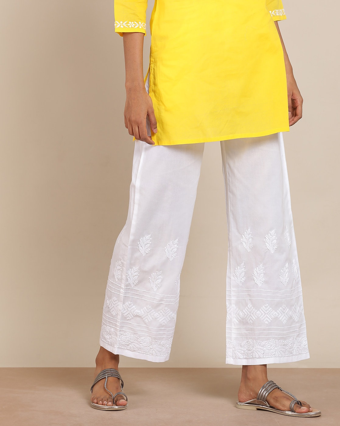 Buy White Hand Embroidered Chikankari Cotton Pants Online at Jaypore.com