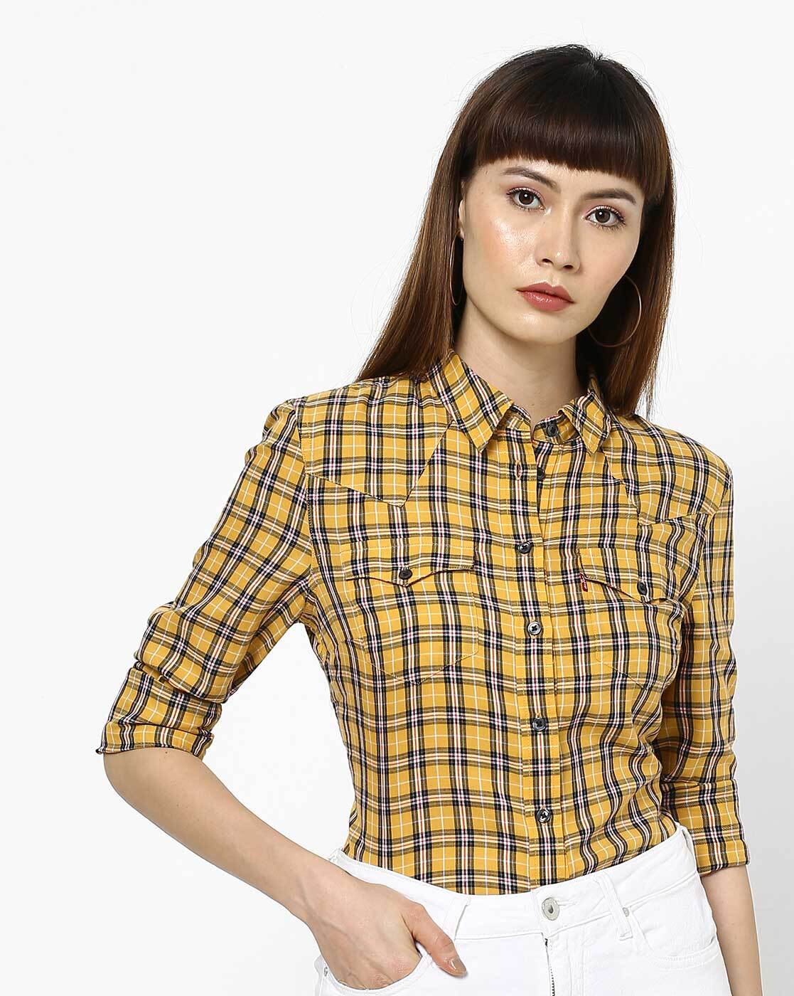 yellow button up shirt womens