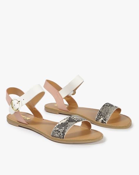 Snakeskin Print Slip-On Flat Sandals with Buckle Closure