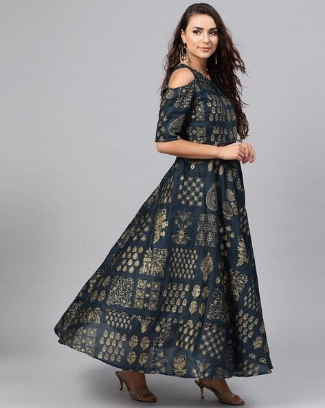 Printed Cold-Shoulder Maxi A-line Dress (Image - 3)