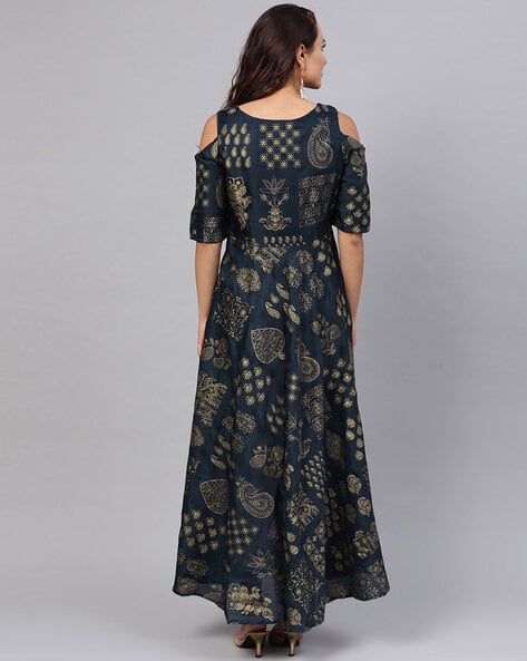Printed Cold-Shoulder Maxi A-line Dress (Image - 1)