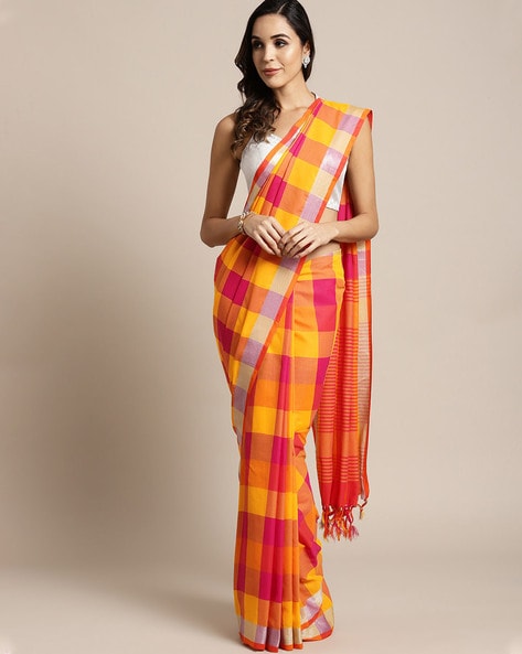 Woven South Cotton Saree in Light Orange and Black : SUTA117