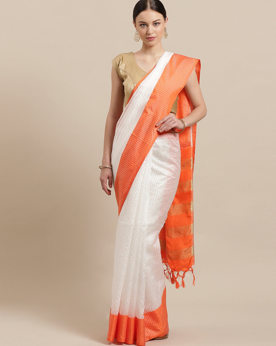 Buy White and Orange Saree & Blouse Set by Designer VEDIKA M Online at  Ogaan.com