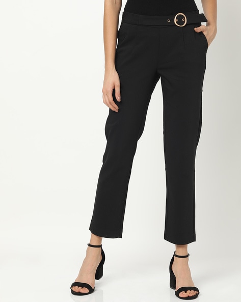 Buy MADAME Black Solid Cotton Tapered Fit Women's Trousers | Shoppers Stop