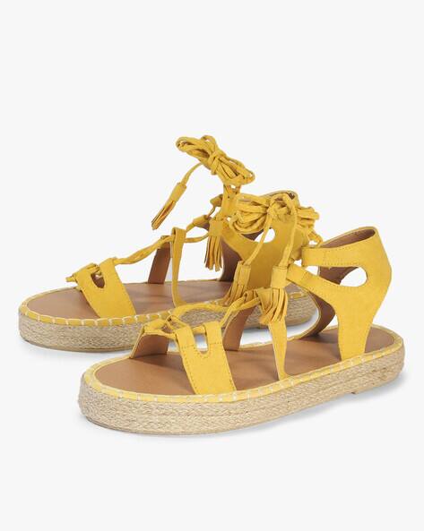 yellow lace up flat sandals