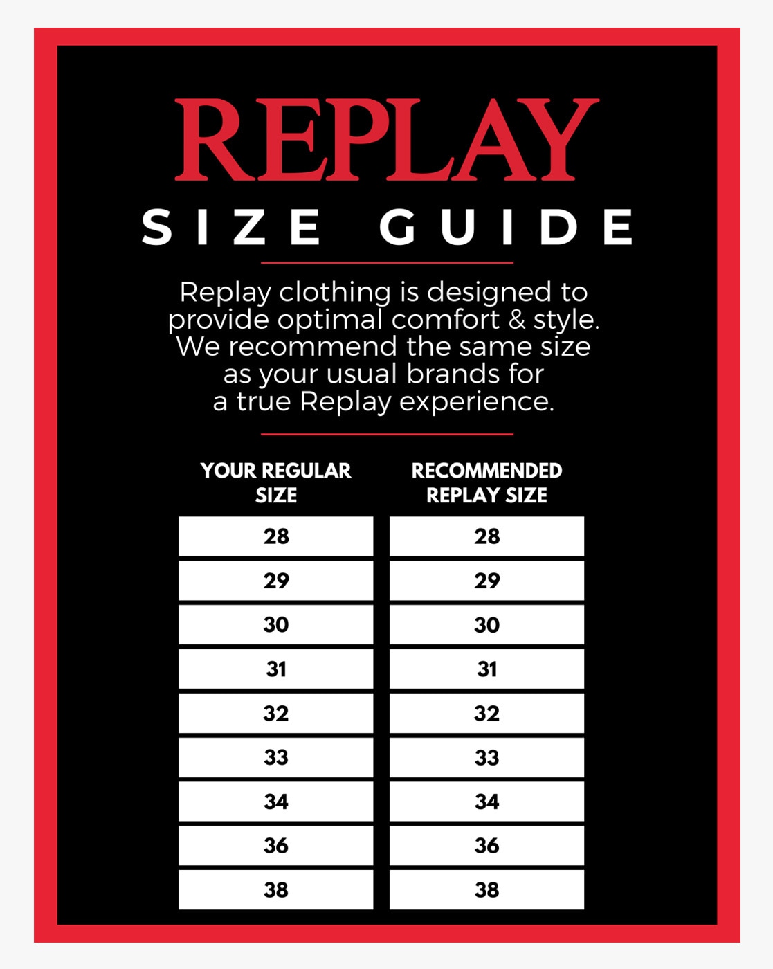 replay jeans size guide