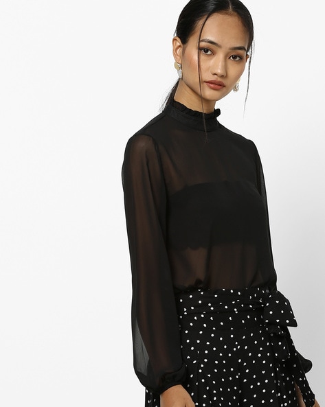 Warehouse high neck store sheer sleeve top