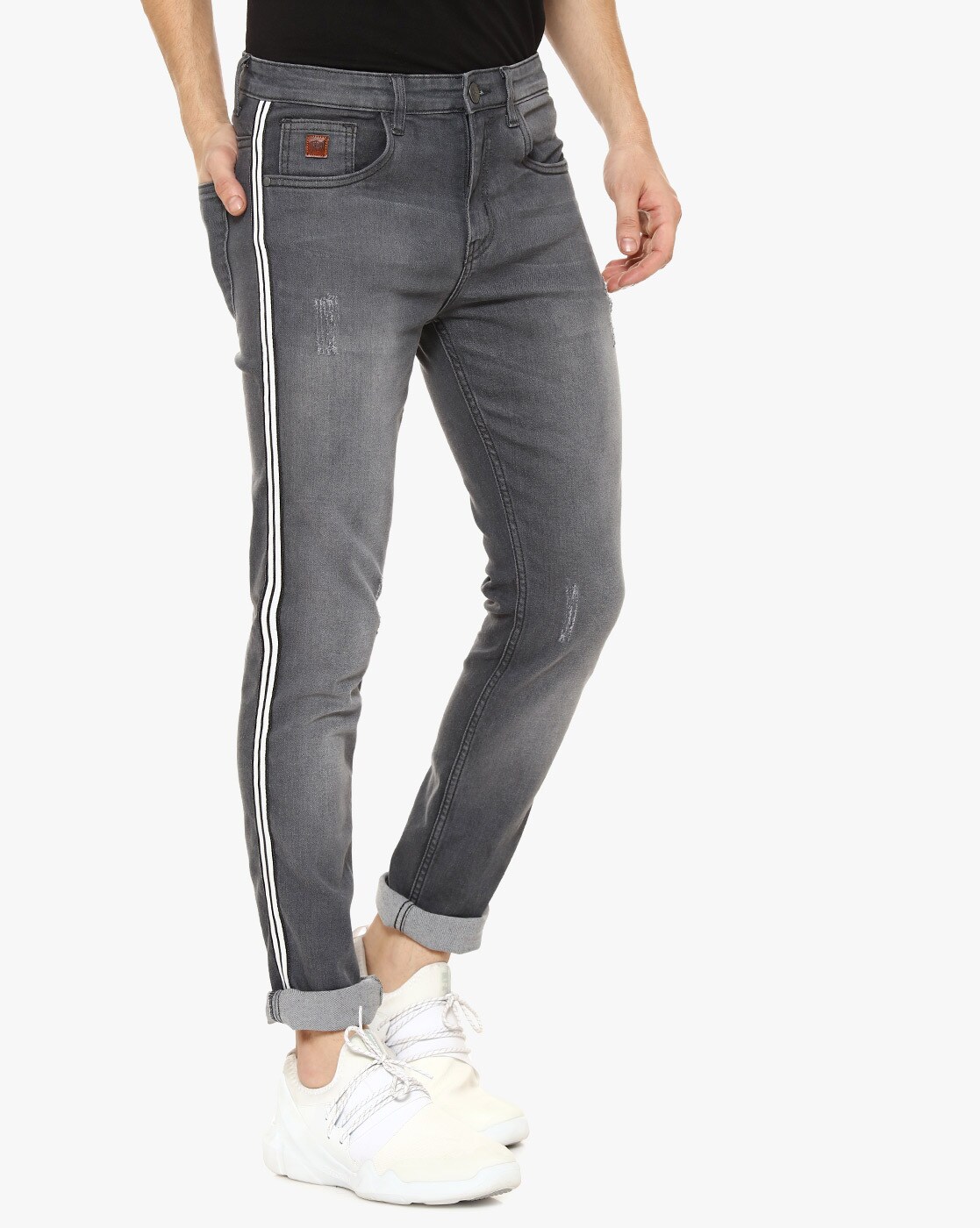 grey jeans with white stripe
