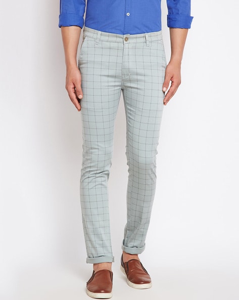 Buy Men Blue Super Slim Fit Check Flat Front Casual Trousers Online -  685880 | Louis Philippe