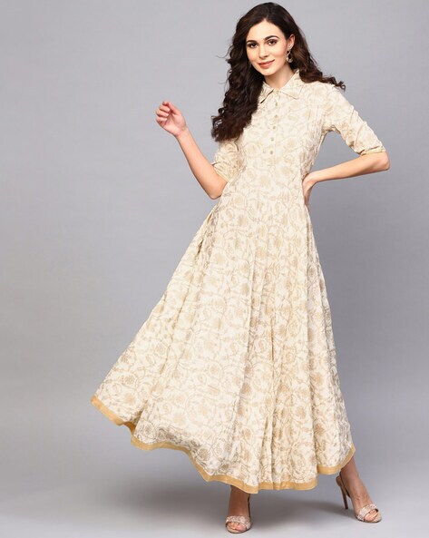 Floral Print Gown with Collar