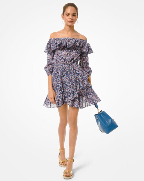 Buy Michael Kors Off-Shoulder Printed Ruffled A-Line Dress | Blue Color  Women | AJIO LUXE