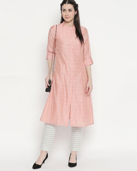 Checked A-line Kurta with Front Slit