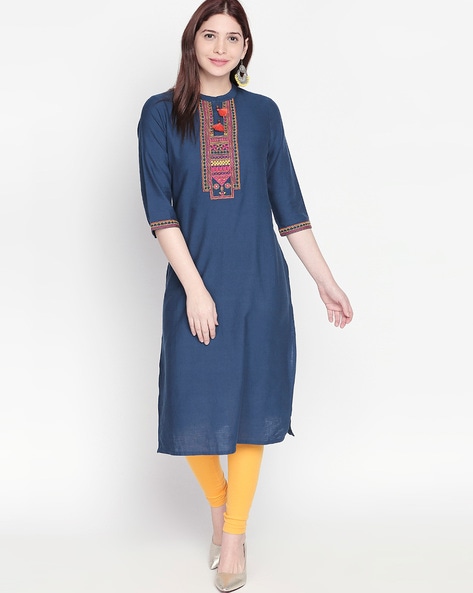 Embroidered Straight Kurta with Mandarin Collar