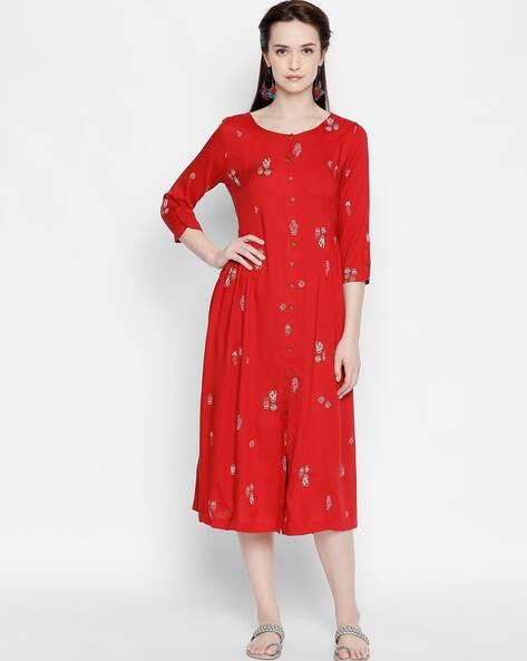 Printed Fit Flare Dress with Cuffed Sleeves