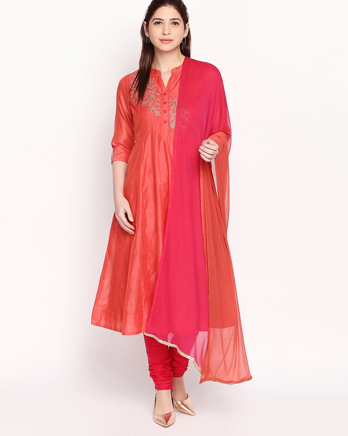 Floral Embroidered A-line Kurta with Churidar and Dupatta