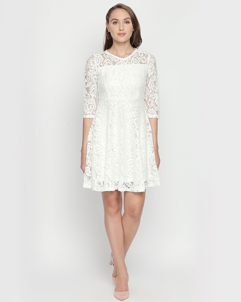 Skater Dress White Long Bell Sleeve Dress High Neck Skater Dress