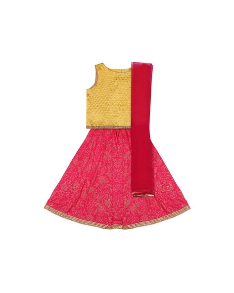 AKKRITI BY PANTALOONS Girls Gold& Red Semi-Stitched Lehenga & Ready to Wear  Blouse With - Absolutely Desi