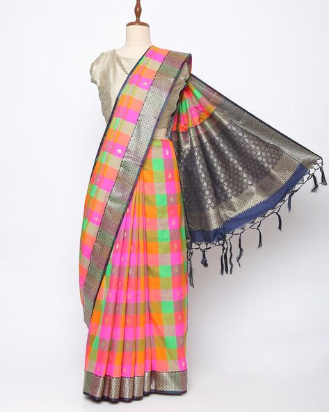 Multicolor Checks Pure Silk Kanjivaram Saree With 1 Gram Gold - Etsy | Pure  products, Pure silk, Pure linen