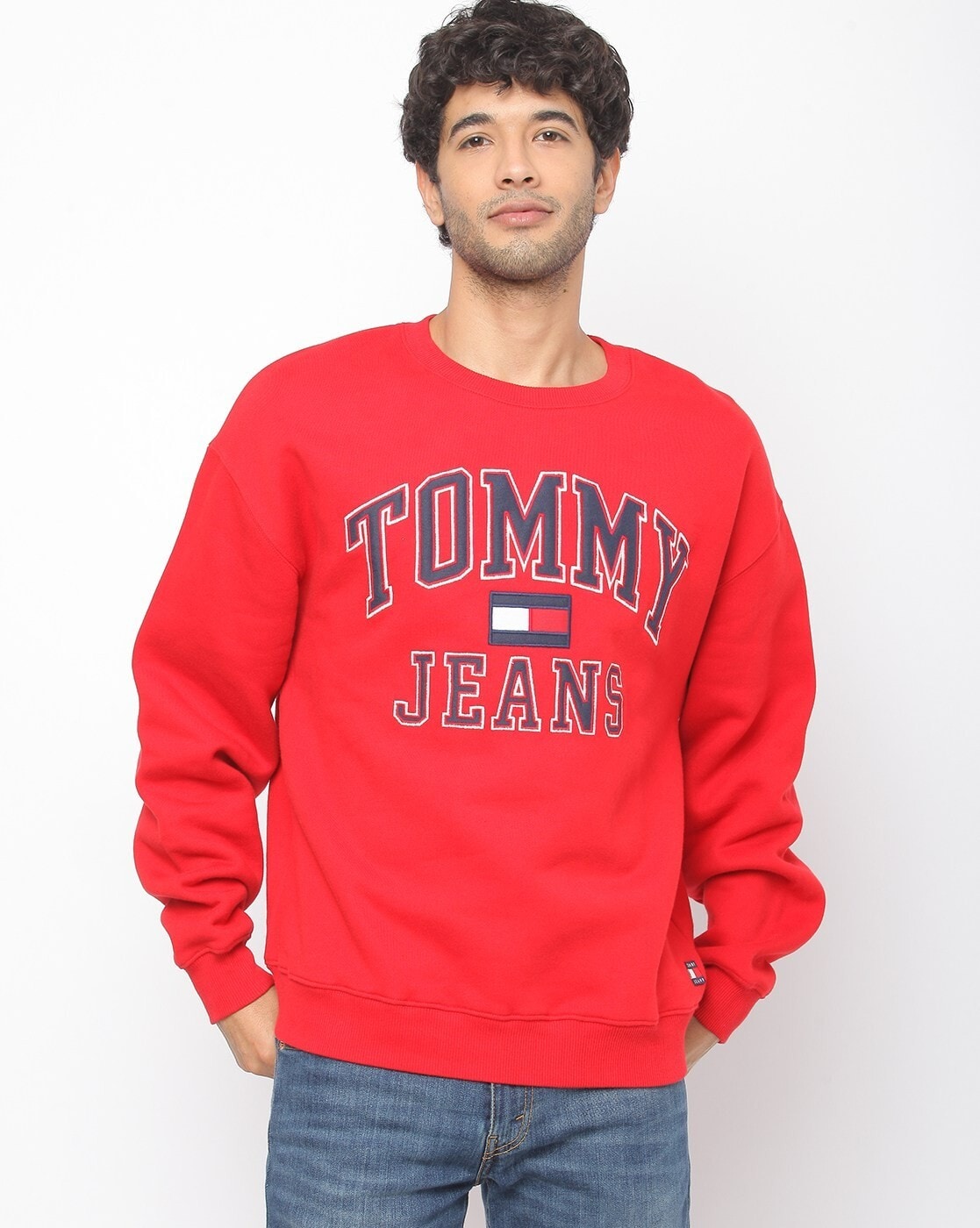 Tommy Hilfiger Denim Crew Sweatshirt Across Logo in Navy | ASOS