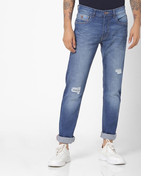 Mid-Washed Distressed Skinny Jeans