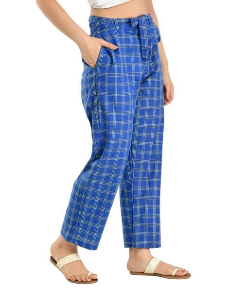 Petite Tailored Tapered Blue Check Trousers  Nasty Gal
