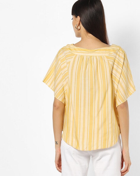 Cotton Rich Striped Ribbed Henley Short Sleeve Top