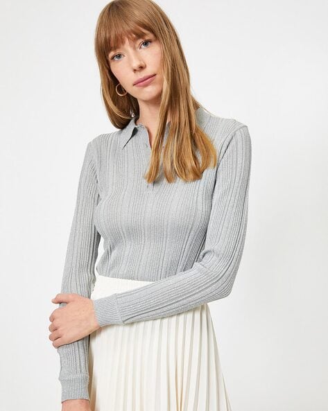 Ribbed Top with Shirt Collar