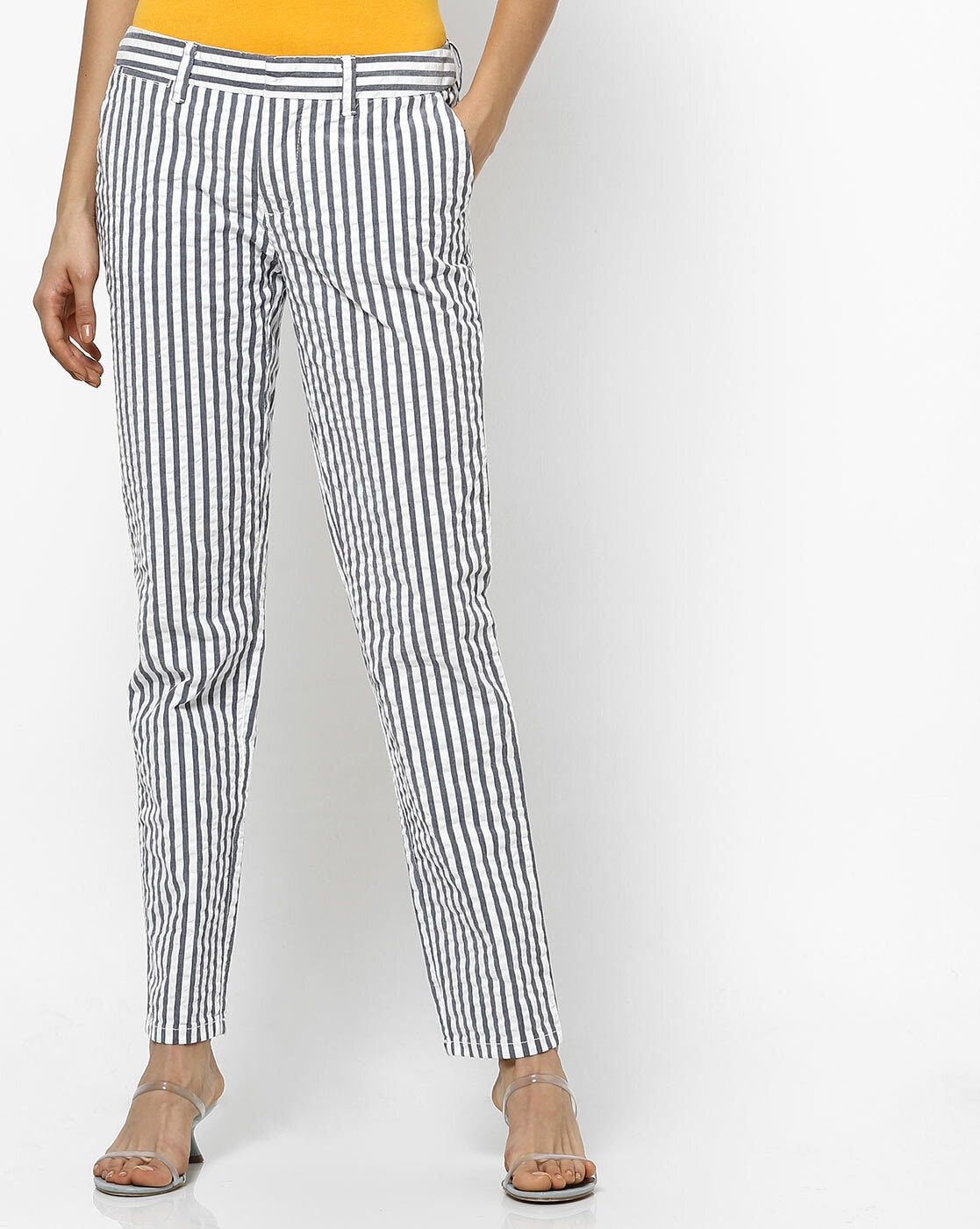 SHOWOFF Women Navy Blue Striped Straight Fit Formal Trouser