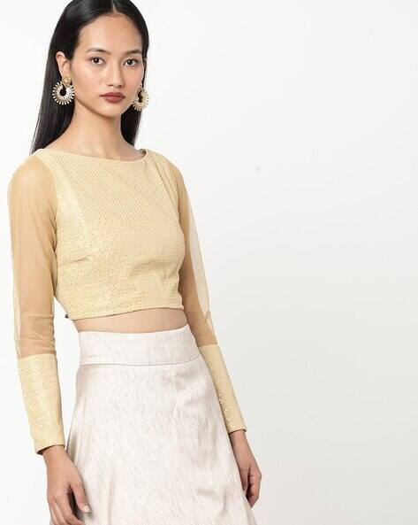 Embellished Crop Top with Sheer Sleeves