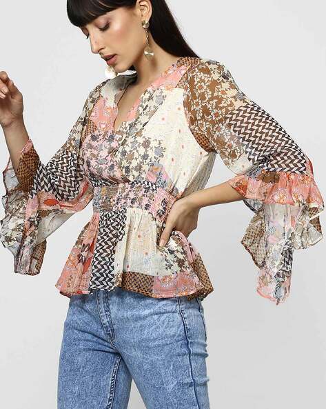 Women Floral Print Loose Fit Smocked Multicoloured Wrap Top