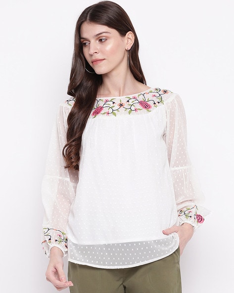 Floral Embroidered Boat-Neck Top