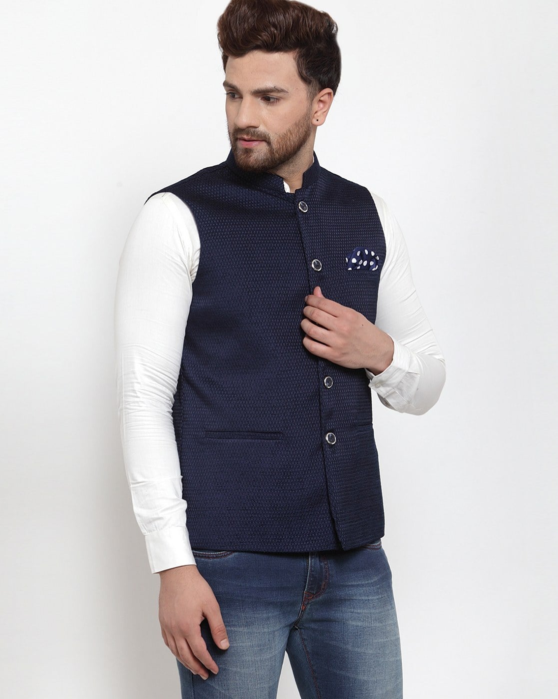 Buy John Pride Navy Regular Fit Denim Nehru Jacket for Men Online @ Tata  CLiQ