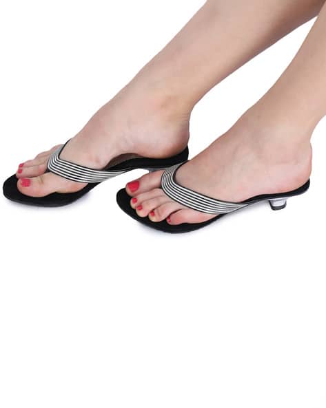 Striped Thong-Strap Kitten Heeled Sandals