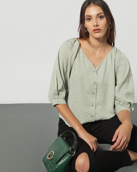 Women Celestial Distortion Green Blouse Top