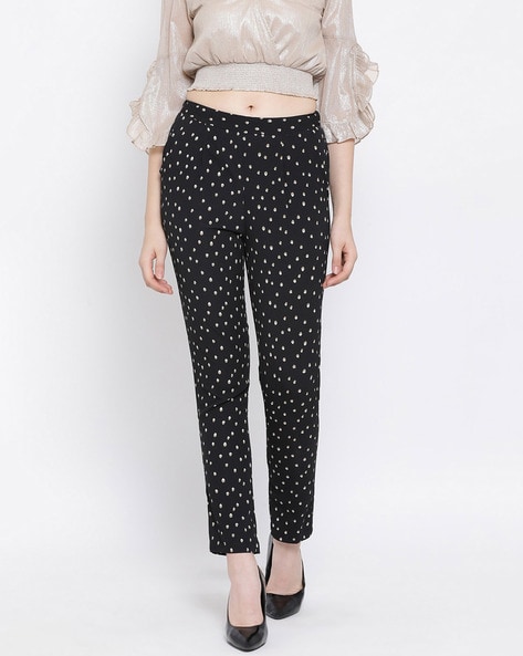Black Polka Dots Elastic Waist Trouser For Women