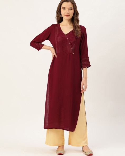 Maroon Silk blend Embroidered Kurta Pant Set - Custom Measurement | Kurti  neck designs, Sleeves designs for dresses, Kurti designs latest