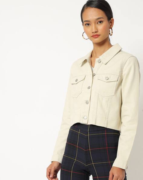 beige cropped denim jacket