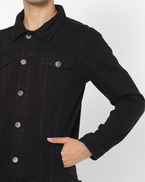 black denim jacket with black buttons