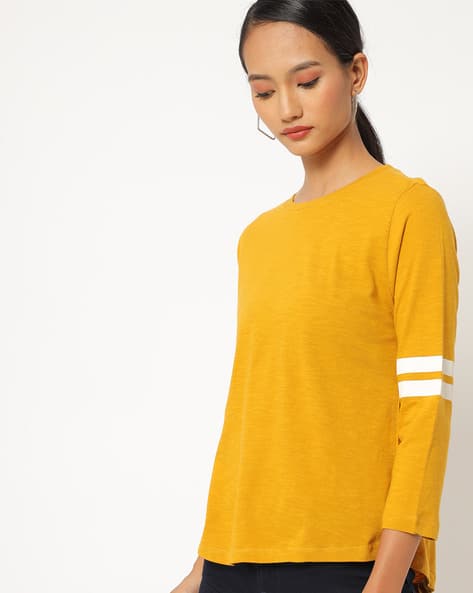 Round-Neck Top with Striped Sleeves