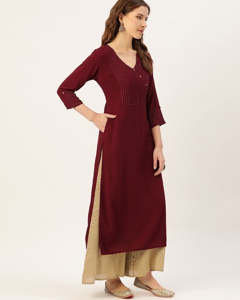 Buy Burgundy Yoke Design Silk Blend Straight Kurta With Dupatta Online at  Rs.1399 | Libas