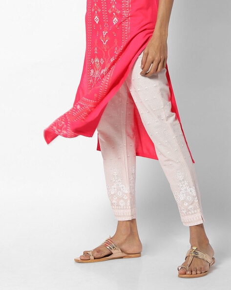 Embroidered Slim Fit Pants with Semi-Elasticated Waist Price in India