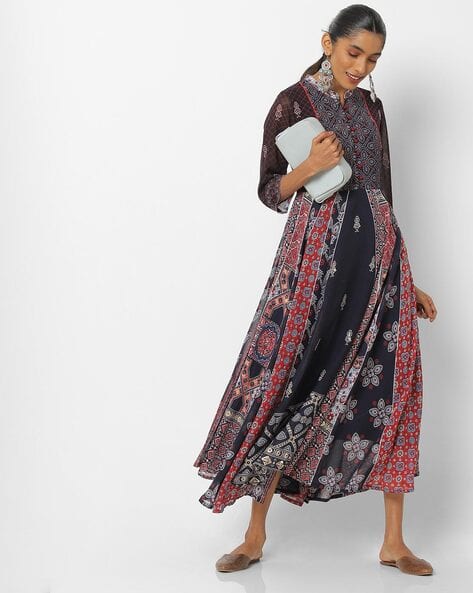 Mandarin Collar Printed A-line Dress (Image - 2)