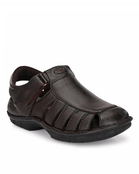 Buy Hitz Men's Black Leather Open Toe Sandals with Velcro Closure online