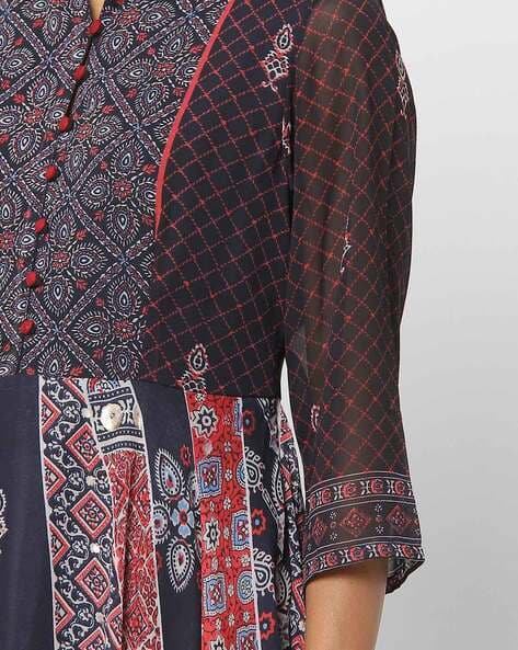 Mandarin Collar Printed A-line Dress (Image - 1)