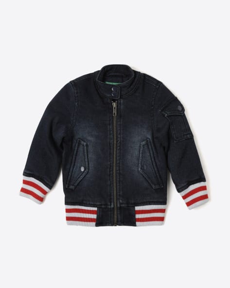 Zip-Front Washed Bomber Jacket with Striped Ribbed Hems