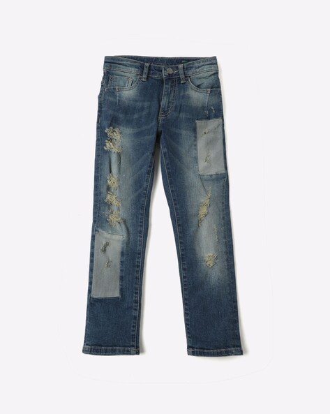 distressed patchwork jeans